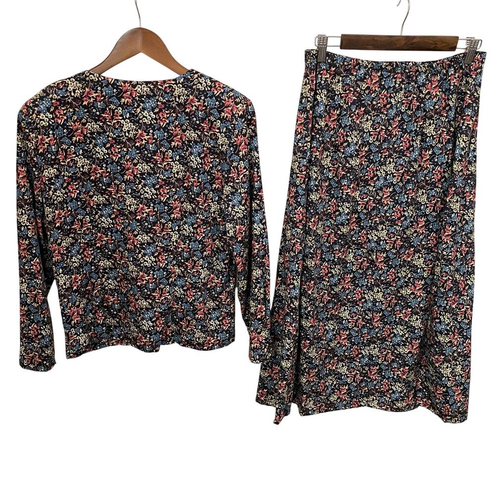 Vintage 80s 90s Floral 2pc Set Button Top & Midi Skirt Side Buttons - Picture 3 of 15